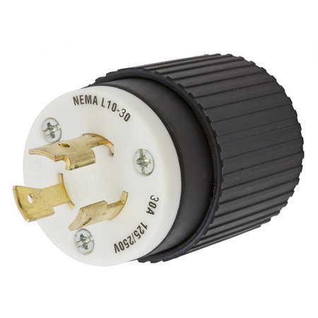 HUBBELL WIRING DEVICE-KELLEMS Locking Devices, Twist-Lock®, Insulgrip® Plug, 30A, 125/250V AC, 3 Pole, 3 Wire Non-Grounding, NEMA L10-30P, Black and white nylon HBL2661
